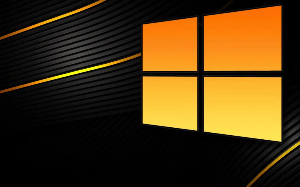 Stylized Windows logo with an orange gradient on a black background with curved golden lines