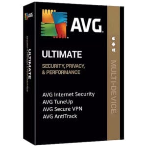 A black retail box for AVG Ultimate displaying the colorful AVG logo at the top left, with text highlighting security, privacy, and performance features.