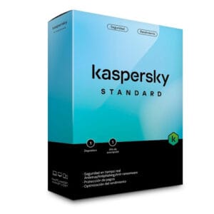 A teal-and-black retail box for Kaspersky Standard, highlighting security and performance features.
