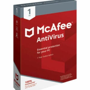 A retail box for McAfee AntiVirus software in red and gray packaging, labeled “Essential protection for your PC” with a 1-year subscription.