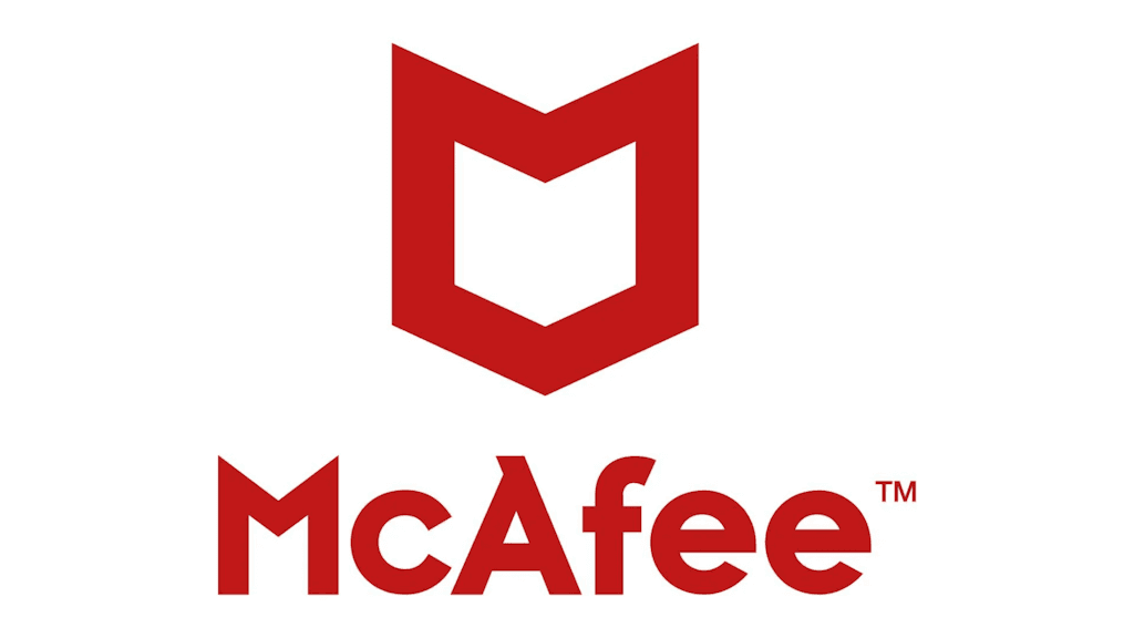 A stylized red shield in the shape of an open-top “M,” with the word “McAfee” in bold red letters beneath it. 