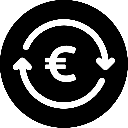 Black and white money-back guarantee icon featuring a circular arrow around a dollar sign.