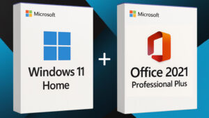 Windows 11 Home and Office 2021 Professional Plus software boxes bundle with a dark and blue modern background.