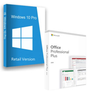 Windows 10 Pro Retail Version and Office 2019 Professional Plus software boxes bundle.