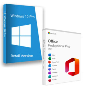Windows 10 Pro Retail Version and Office 2021 Professional Plus software boxes bundle.
