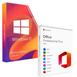 Windows 11 Home Edition and Office 2021 Professional Plus software boxes bundle with a colorful gradient design.