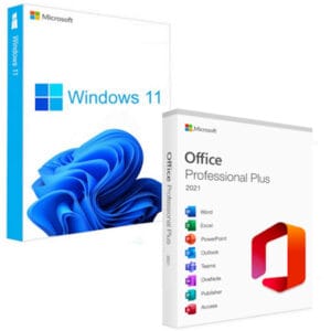 Windows 11 Pro and Office 2021 Professional Plus software boxes bundle.