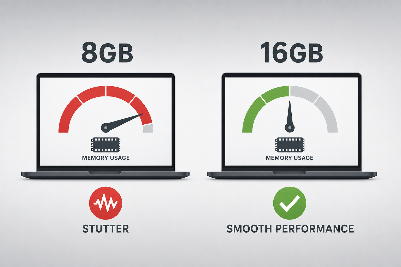 Clean comparison graphic showing two laptop silhouettes side by side - one labelled 8GB with a nearly full red memory gauge and visible stutter icon, one labelled 16GB with a half-full green gauge and a smooth performance checkmark - flat vector illustration on a gradient light-grey background, modern tech style, no dates or years displayed anywhere