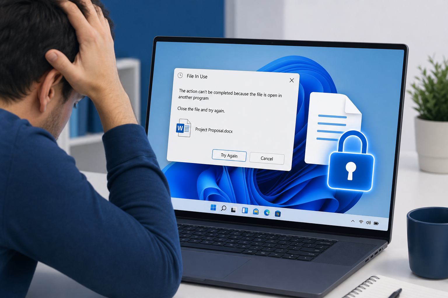 Windows 11 file in use error dialog shown on a laptop screen