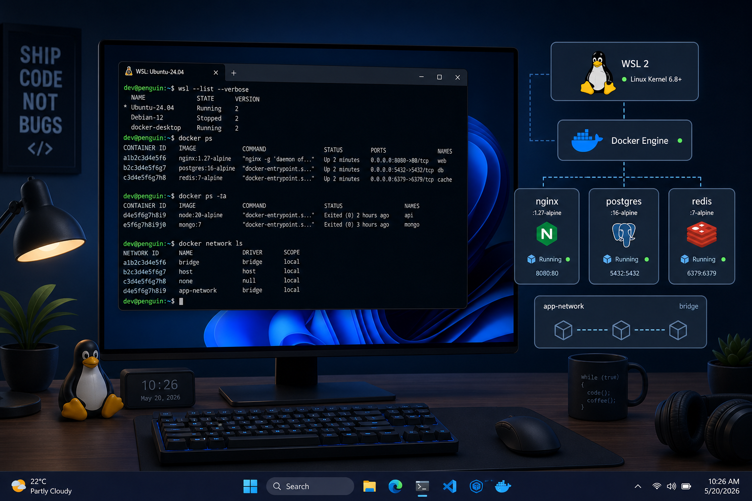 WSL containers running on a Windows 11 developer desktop terminal