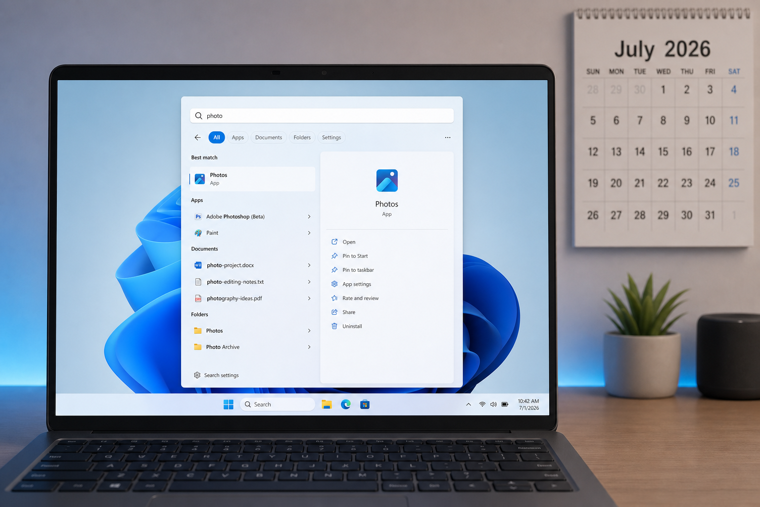 Windows Search declutter panel showing clean local results without ads
