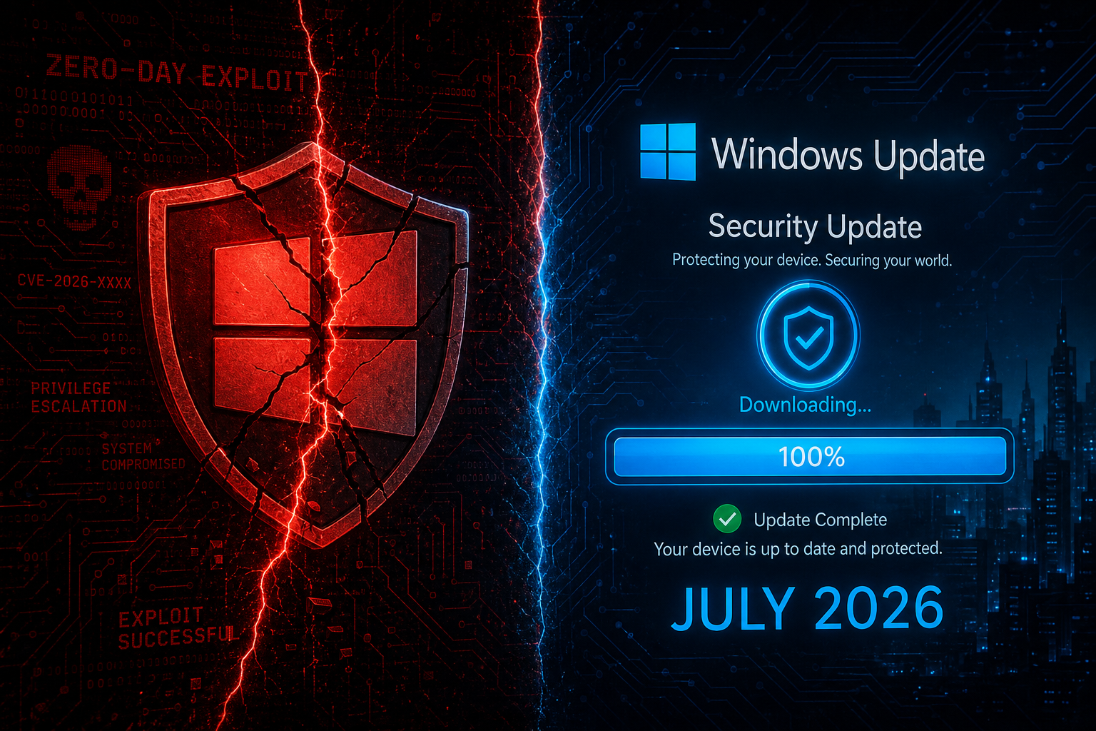 Windows 0-day July 2026 exploit and security patch illustration