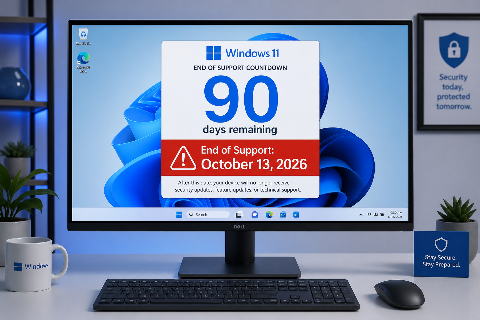 Windows 11 24H2 end of support countdown warning on a desktop screen