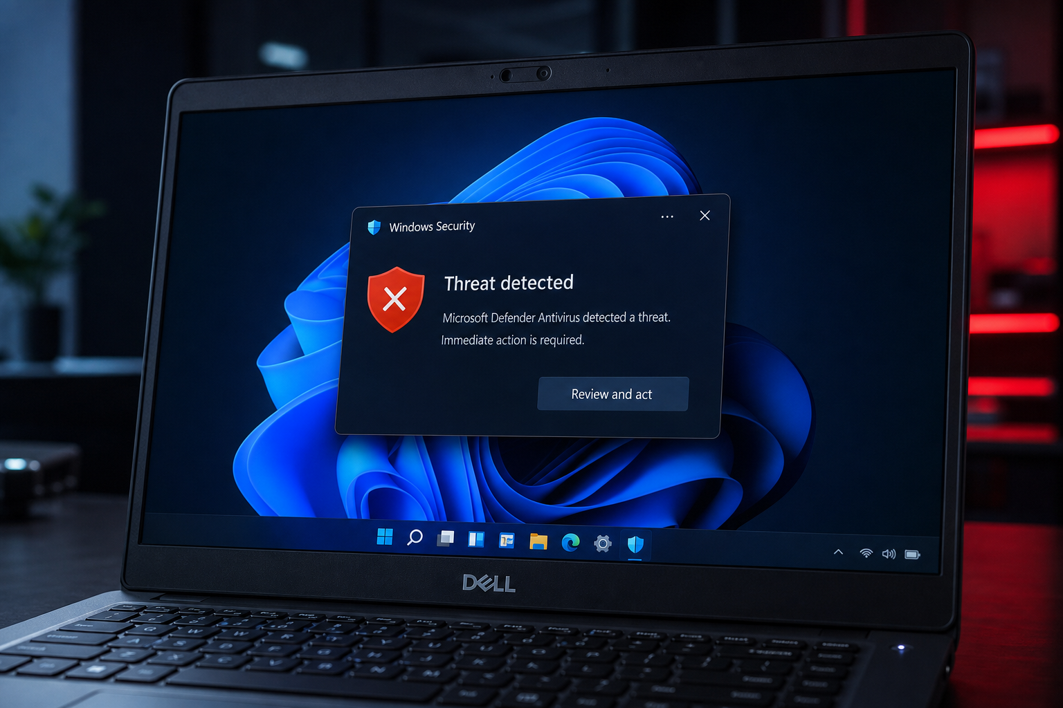 Dell laptop showing Windows 11 Dell security update alert notification on screen