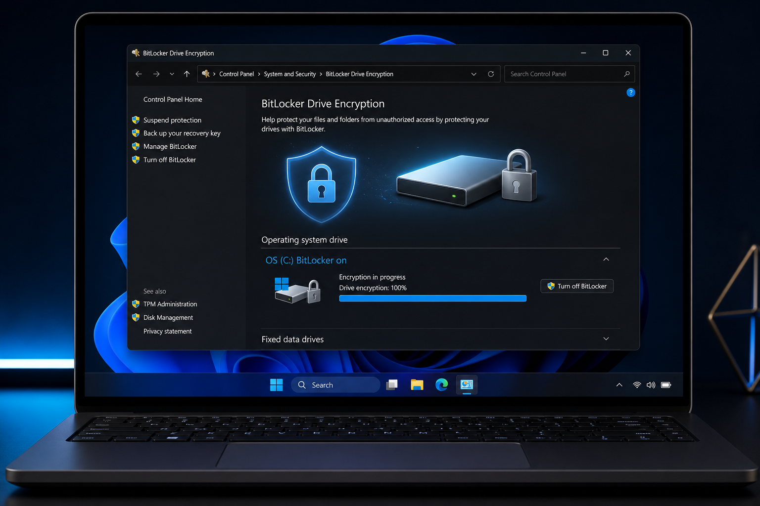 Windows 11 BitLocker encryption setup screen with padlock shield icon