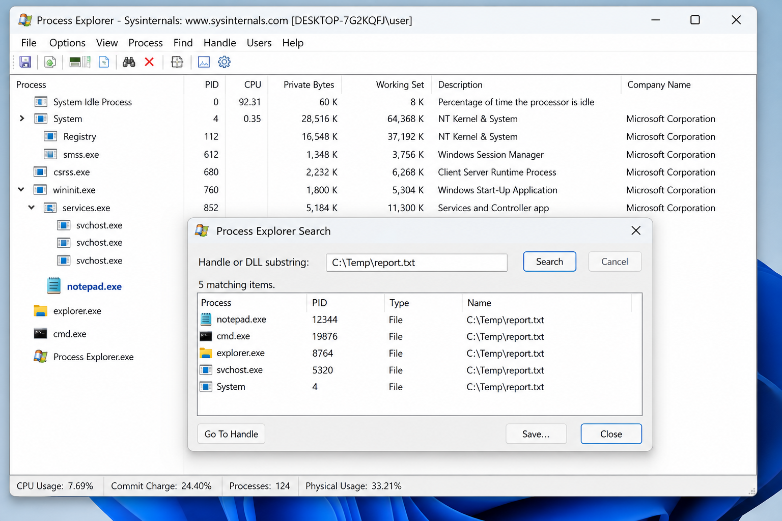 Process Explorer identifying which process holds the Windows file lock