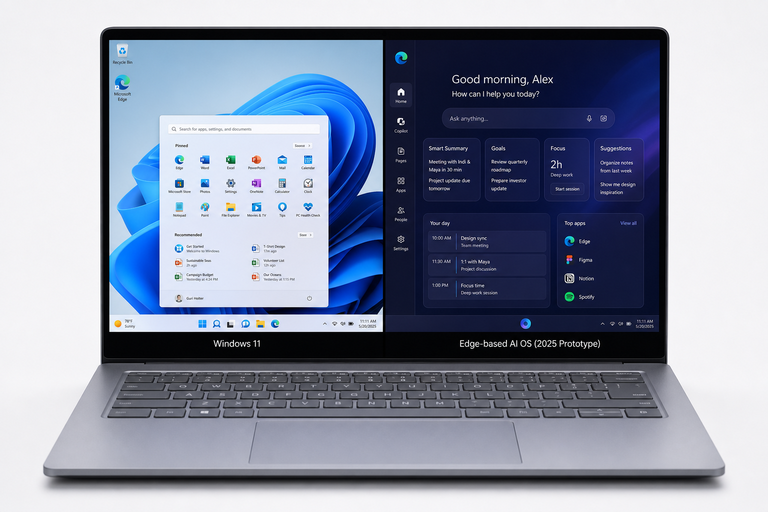 Traditional Windows 11 desktop compared to lightweight AI OS prototype interface side by side
