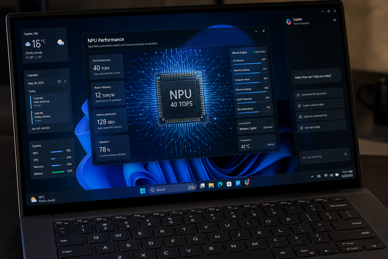 Windows 11 AI OS running on Copilot plus PC with NPU chip performance diagram overlay