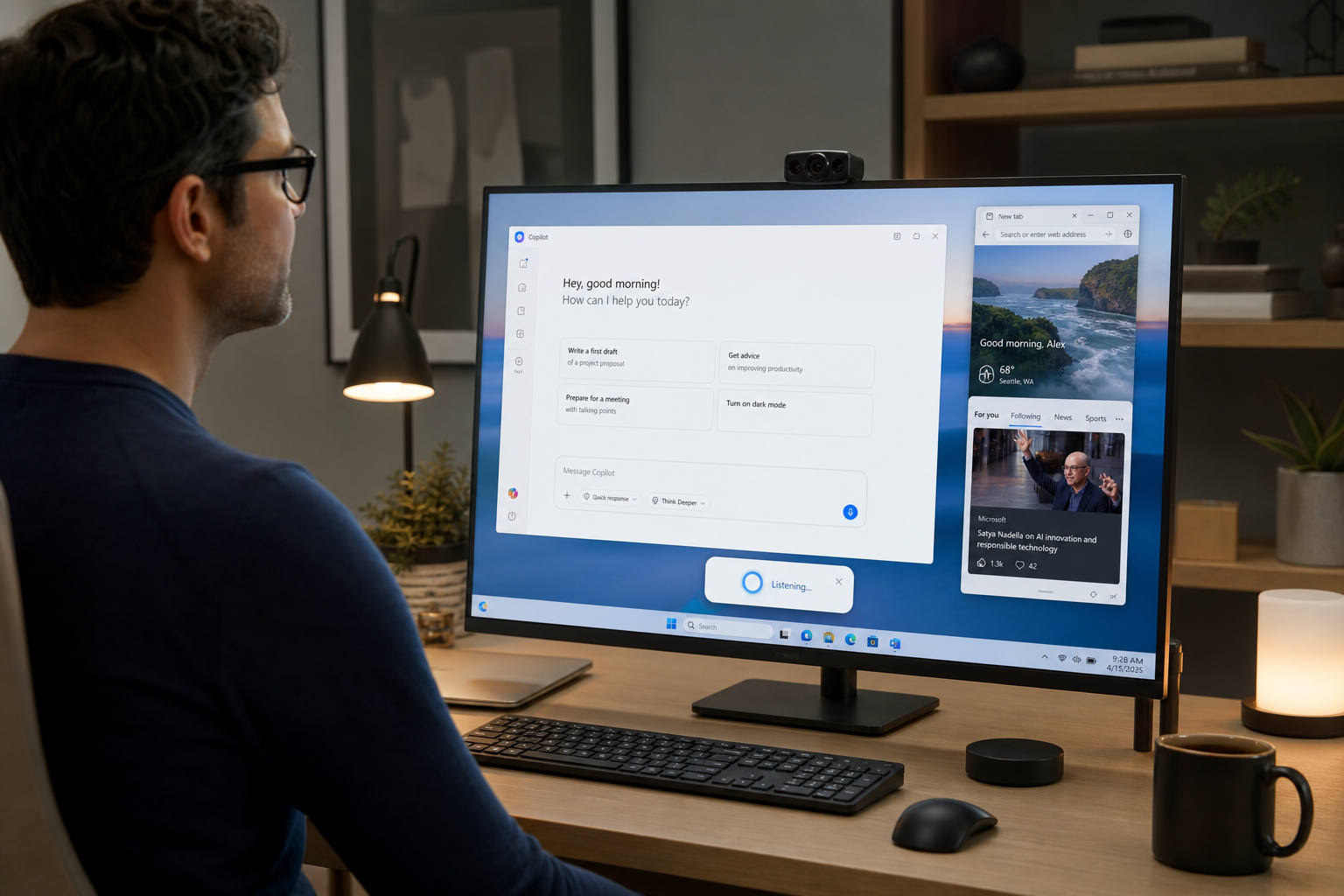 User interacting with Windows 11 AI OS via voice and Edge panels on widescreen monitor