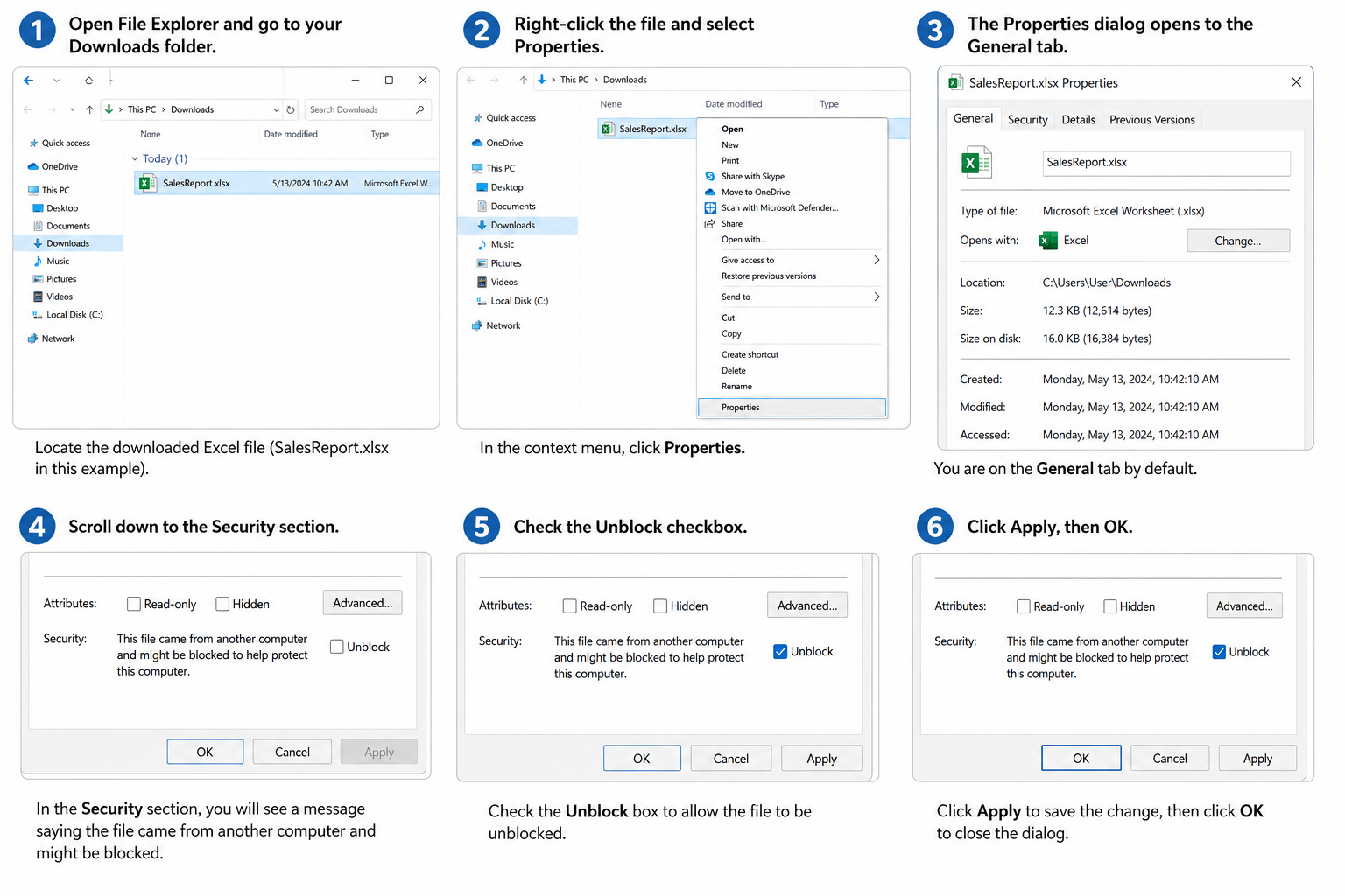 Windows File Explorer Properties dialog with Unblock option for Office macros
