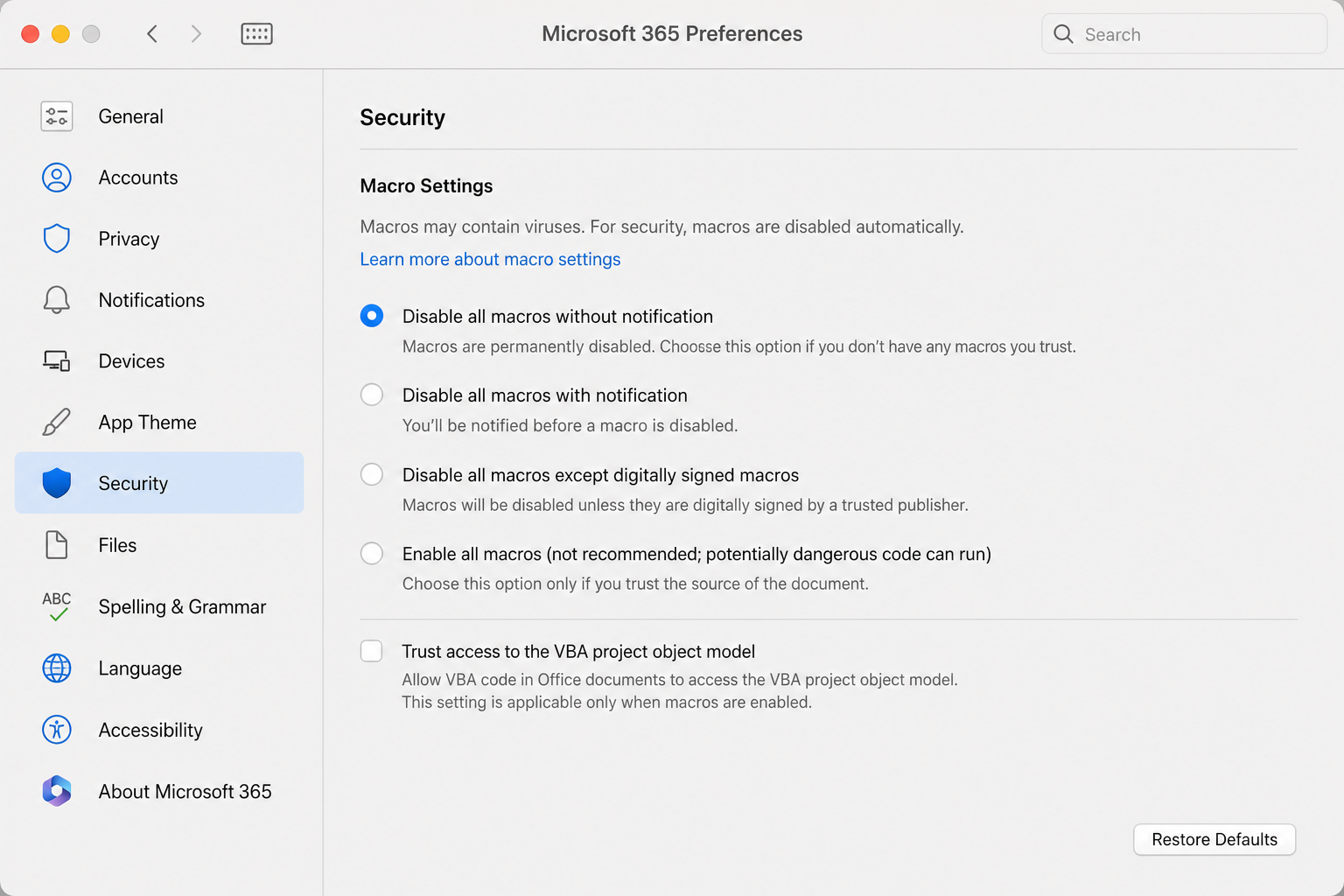 Microsoft 365 Mac Preferences Security panel to enable Office macros