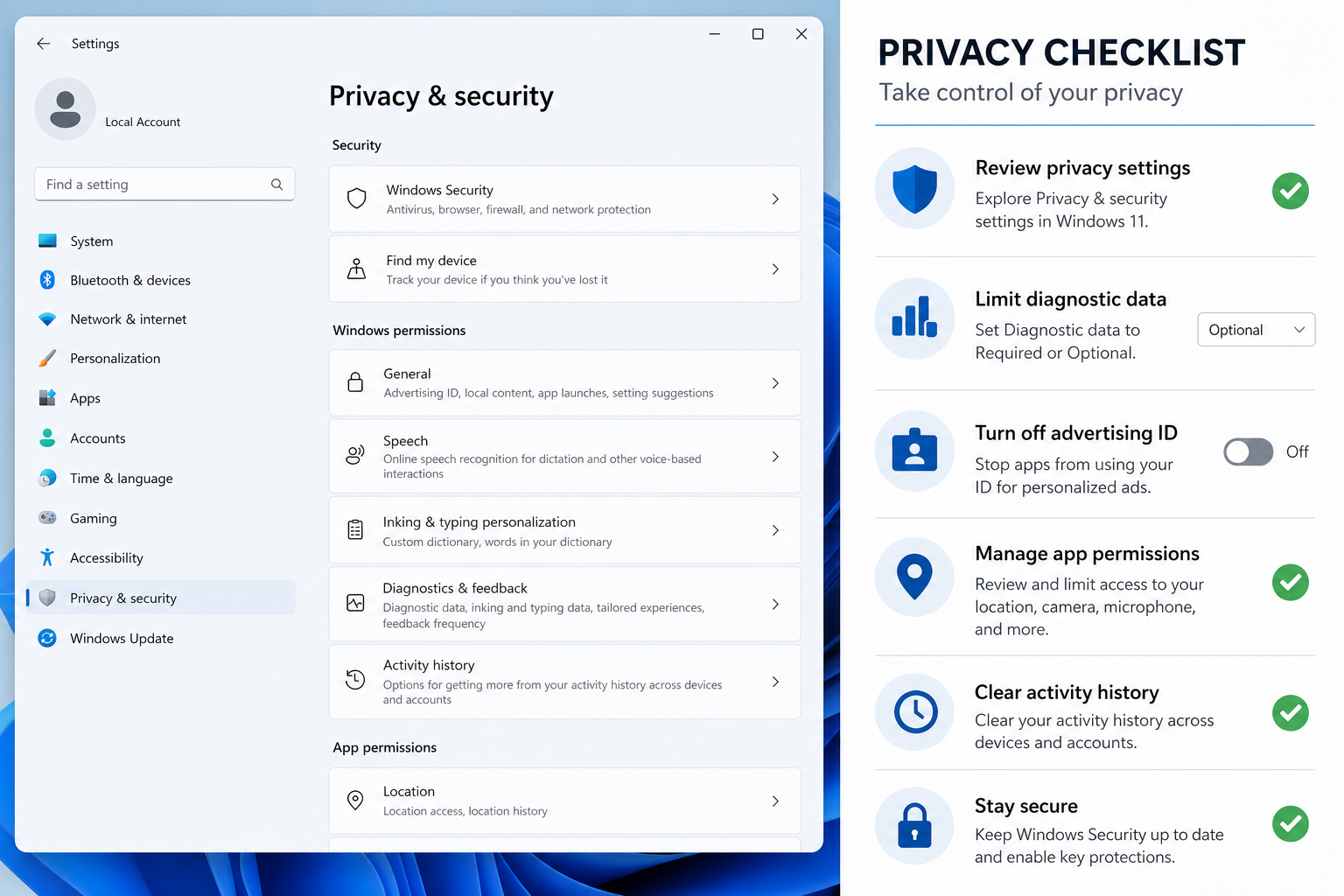 Windows 11 privacy settings for managing device tracking and telemetry options