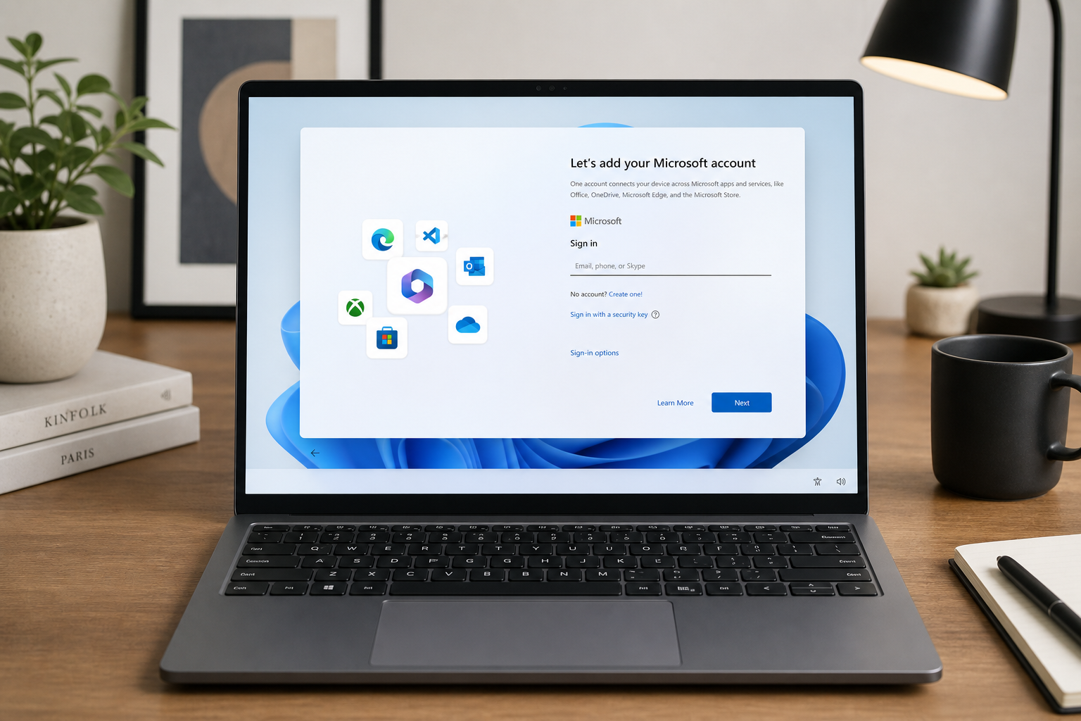 Windows 11 setup screen showing Microsoft account prompt on laptop