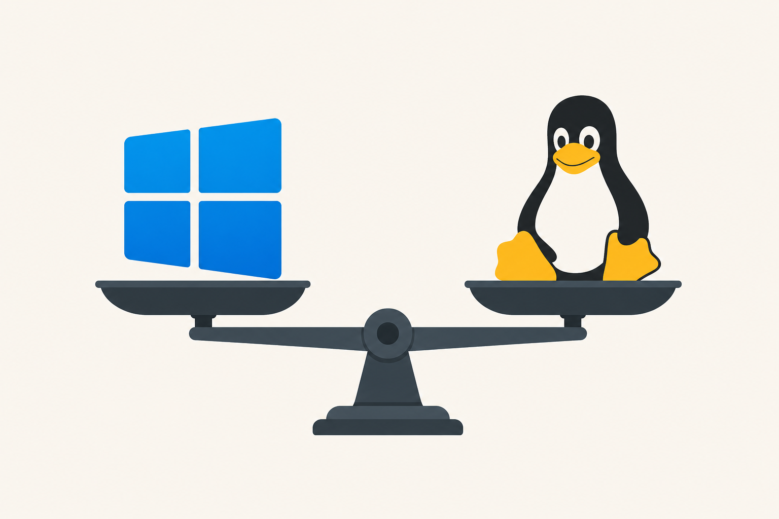 Balance scale showing switch to Windows 11 versus Linux operating systems