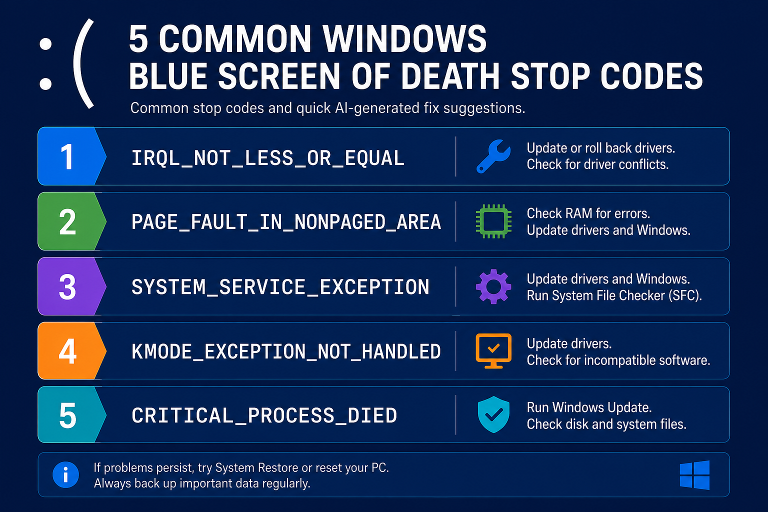 Common Windows BSOD stop codes diagnosed by AI crash analysis tools