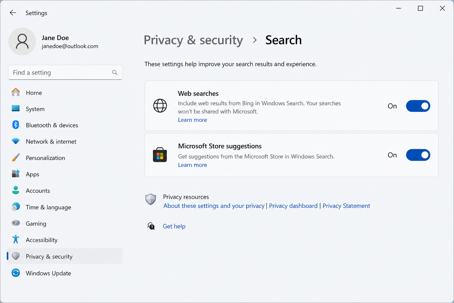 Windows 11 Settings showing new Windows Search without ads toggle controls