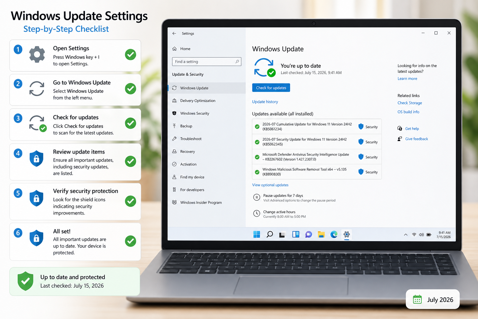 Windows security patch checklist showing Windows Update settings on laptop in July 2026