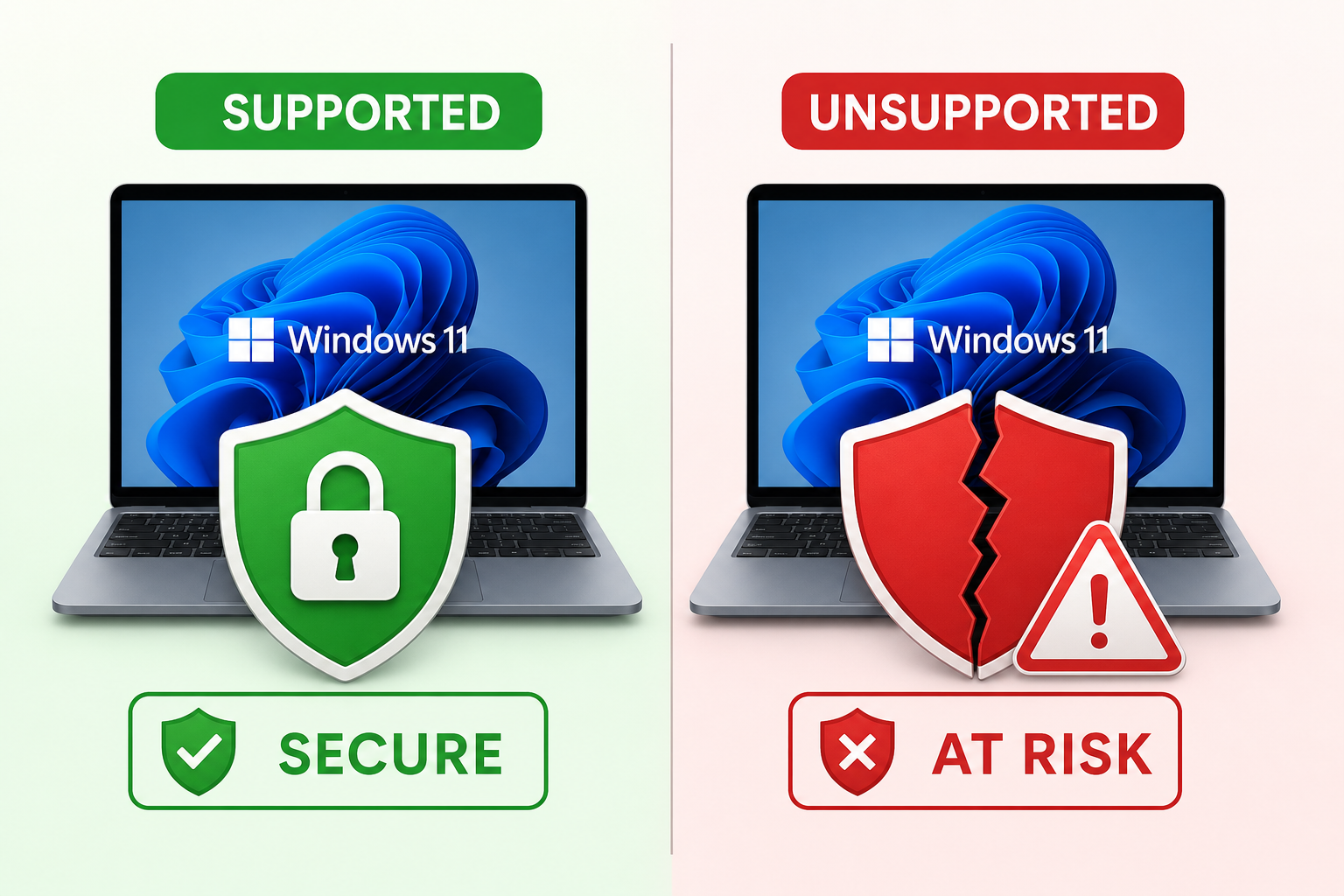 Supported versus unsupported Windows 11 PC security status comparison graphic