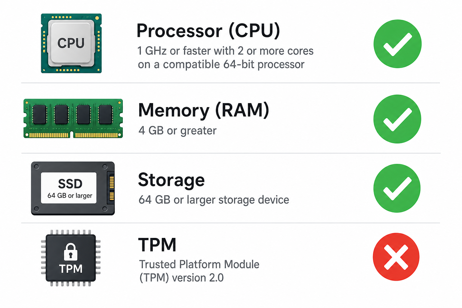 Windows 11 hardware compatibility checklist icons for Windows 10 extended support users