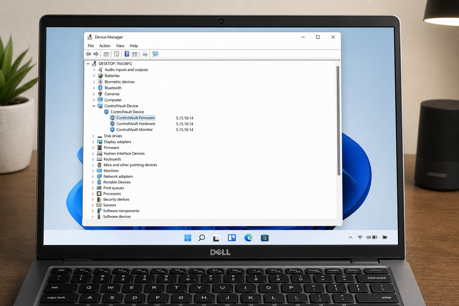 Windows 11 Device Manager showing Dell ControlVault3 driver firmware version check