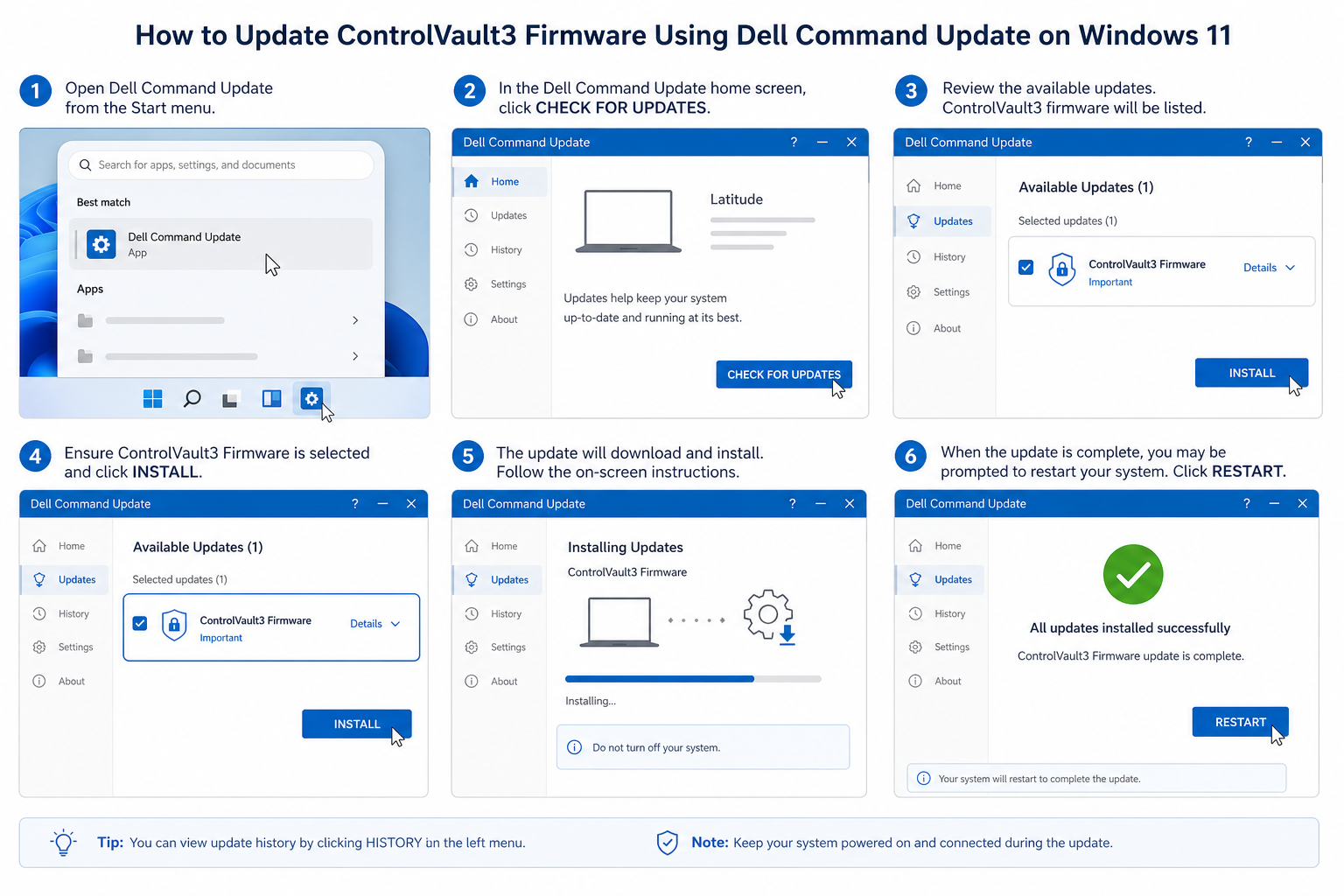 Dell Command Update interface applying Windows 11 Dell security update fix on laptop