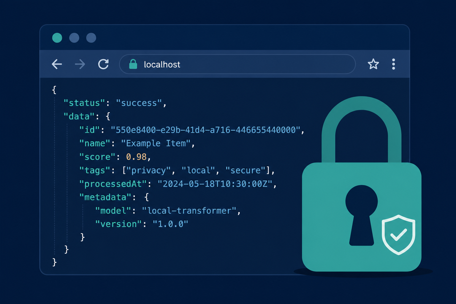 A digital illustration of a padlock overlaid on a browser window with JSON data visible, representing local browser-based processing privacy, flat design, navy and teal tones