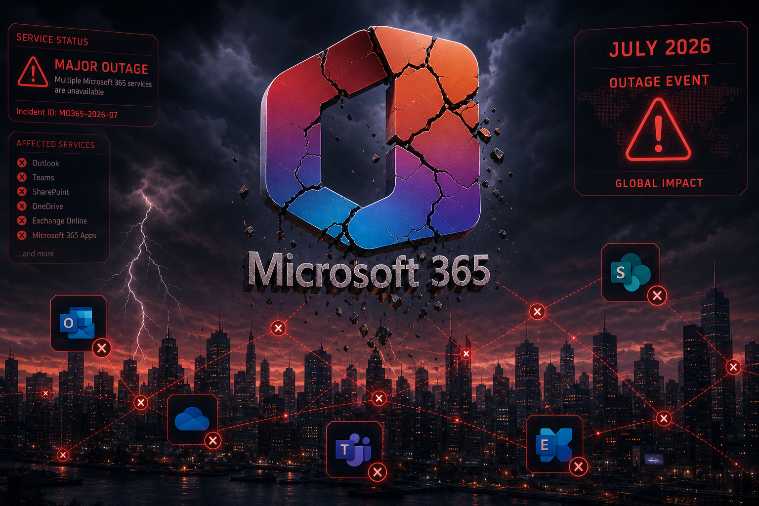 Microsoft 365 outage July 2026 showing disconnected cloud network and warning alerts