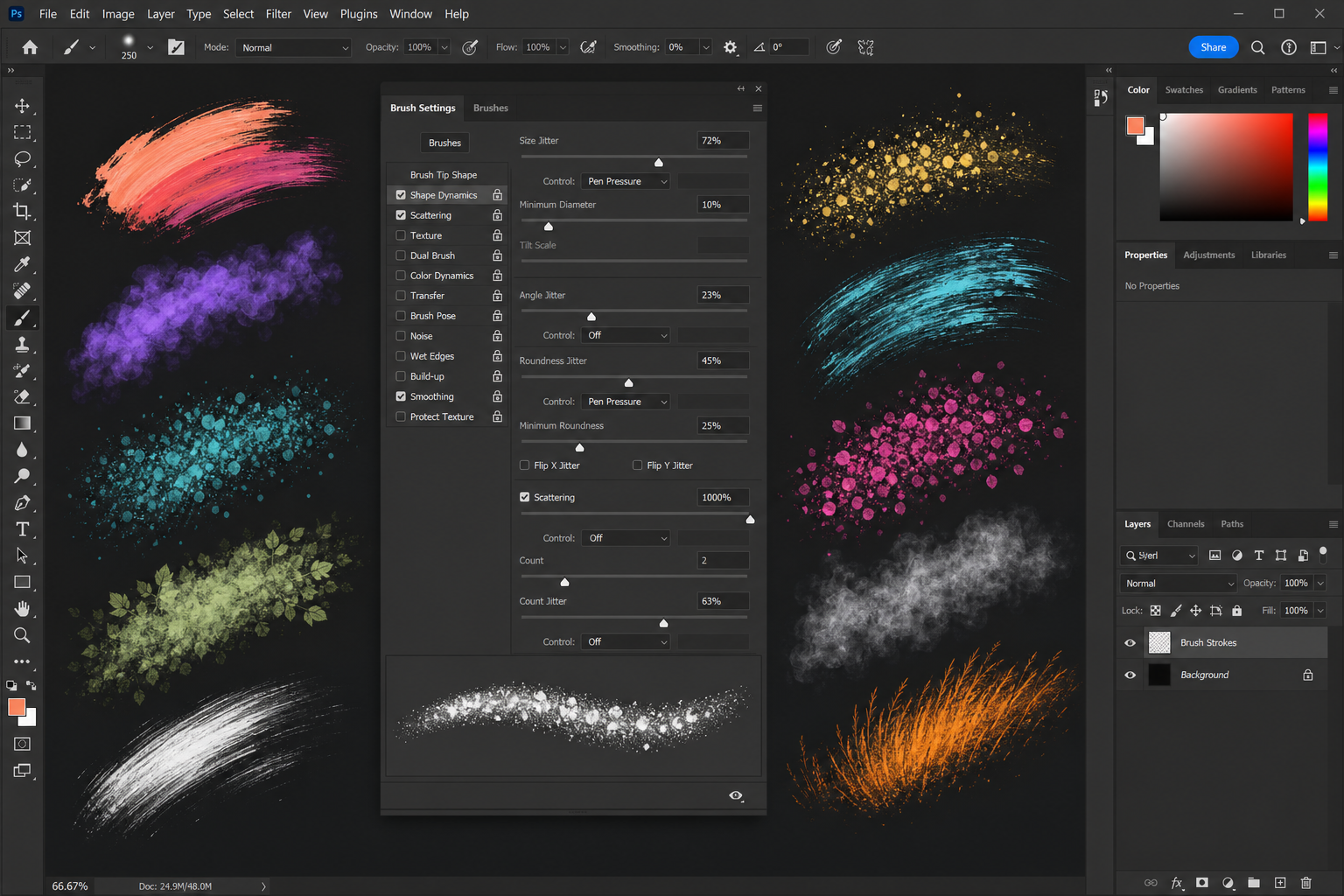 Photoshop brush settings panel open showing shape dynamics and scattering controls