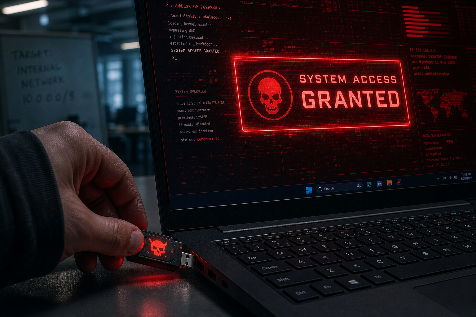 Fake USB device performing a USB physical access attack on Windows laptop
