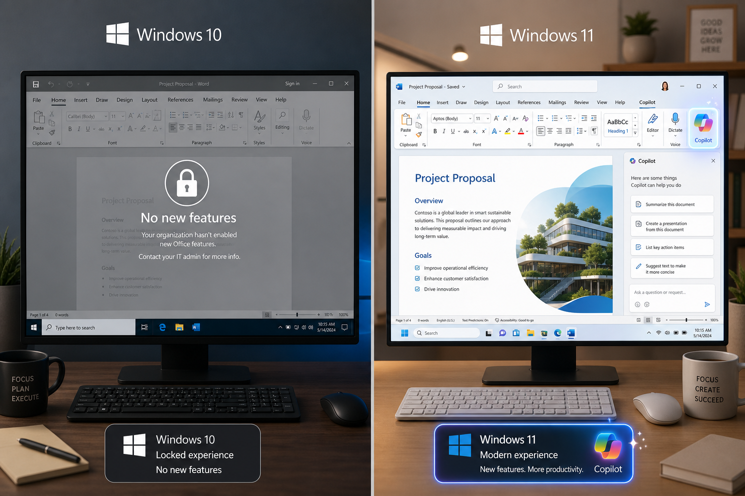 Office features on Windows 10 frozen versus Windows 11 fully updated comparison
