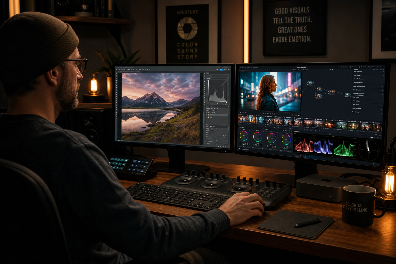 Professional color grading workflow on dual monitors with Photoshop and DaVinci Resolve