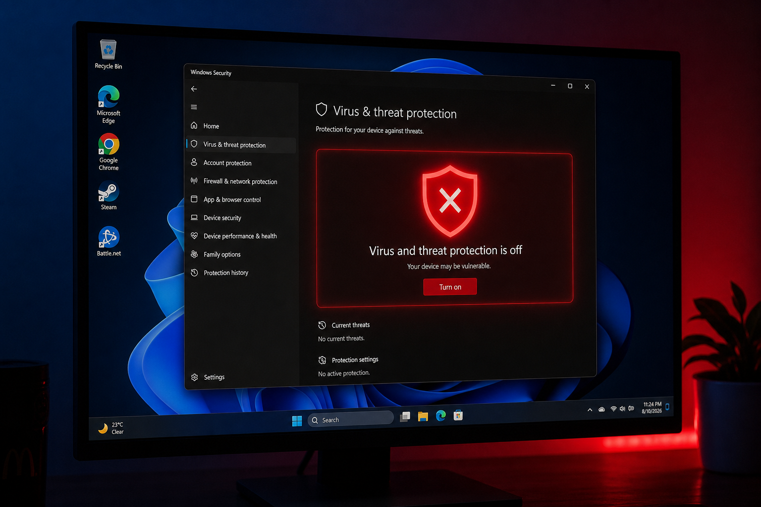Windows Defender quick scan crash alert showing red security warning on screen