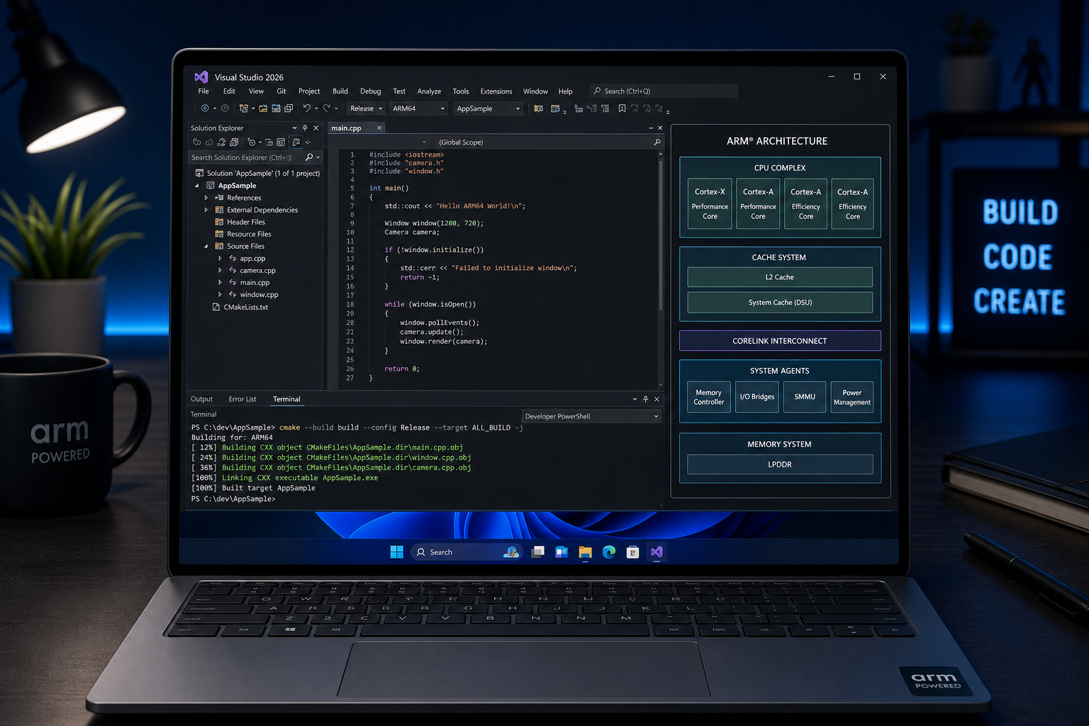 Windows 11 ARM64 development environment with Visual Studio 2026 open on laptop