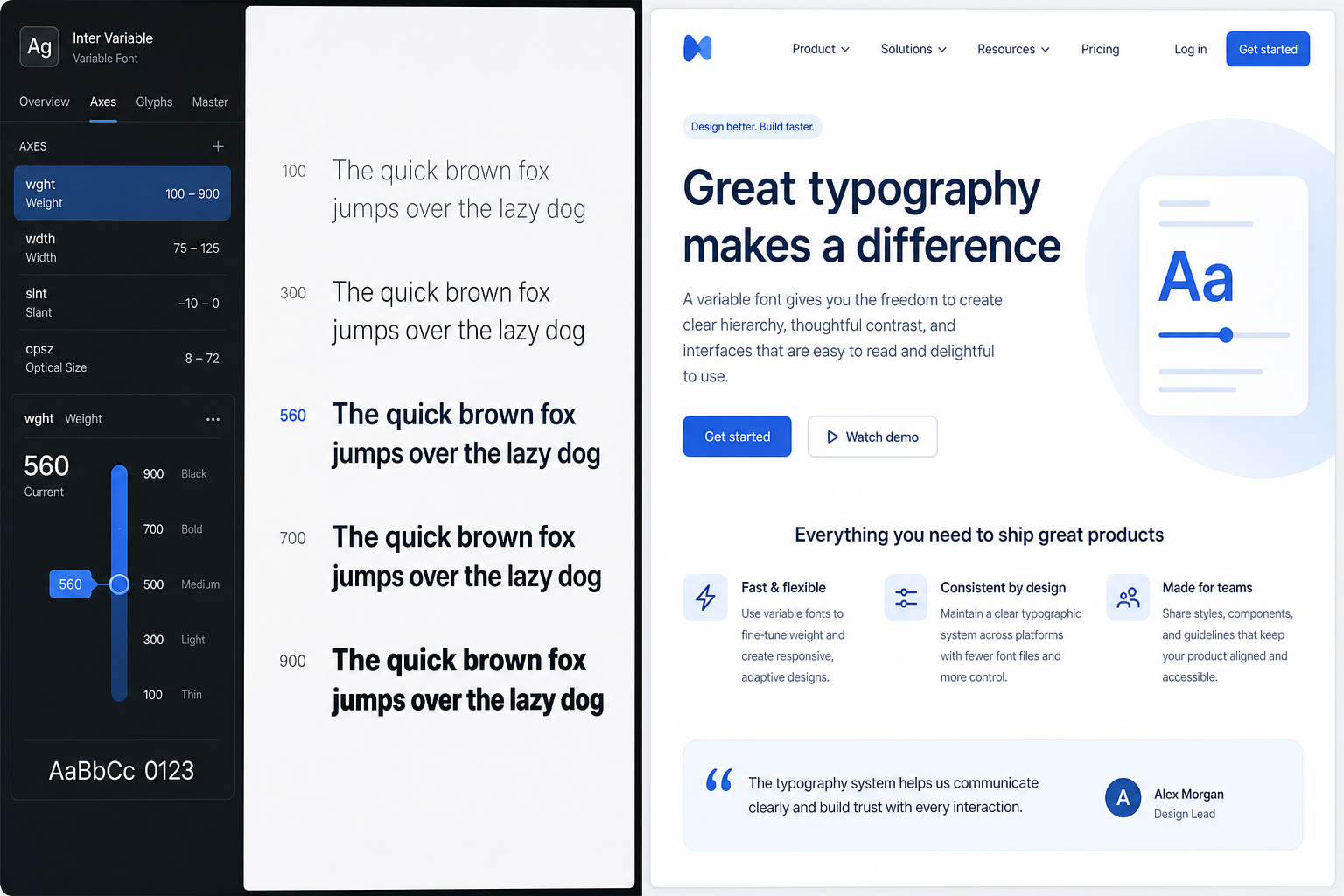 Digital design typography workspace showing variable fonts and interface hierarchy