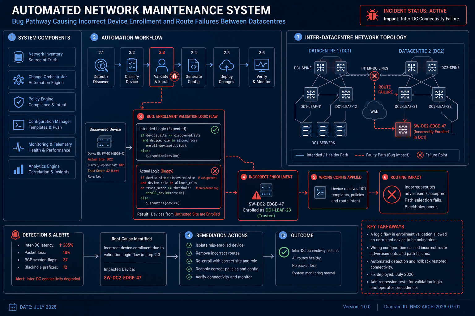 Diagram showing Microsoft 365 outage root cause automated maintenance bug July 2026
