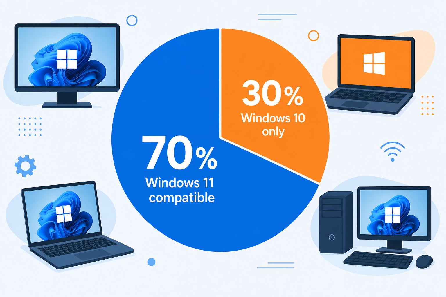 pie chart showing 30 percent of PCs failing Windows 10 hardware compatibility for Windows 11