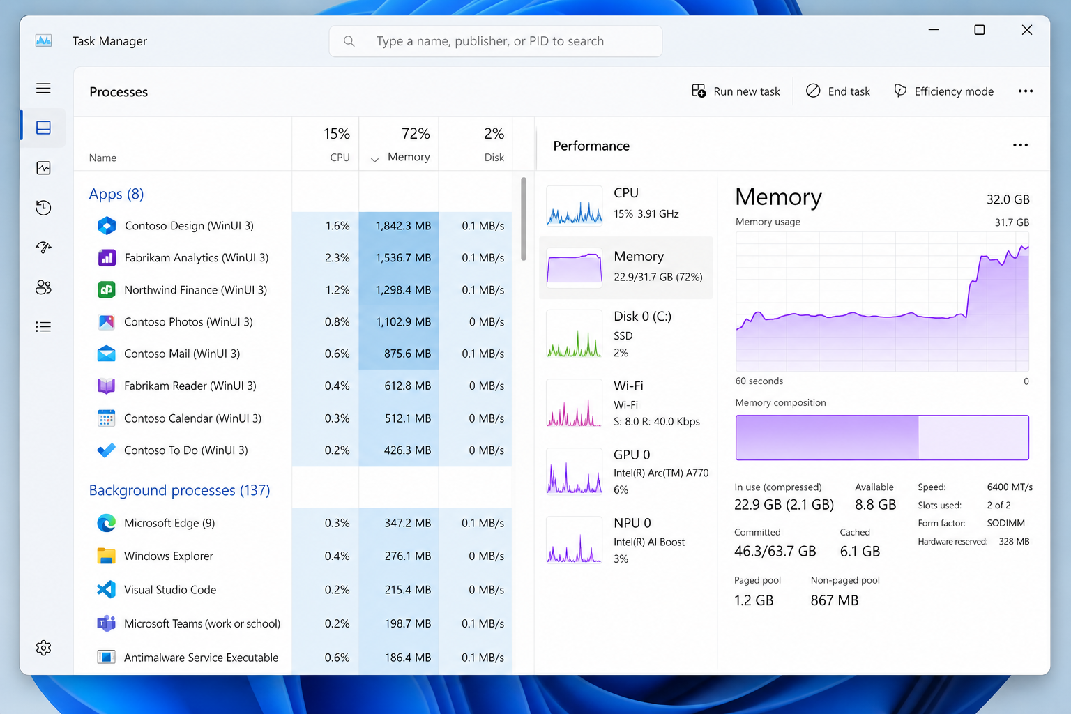 Windows 11 Task Manager showing native app memory usage and RAM bloat