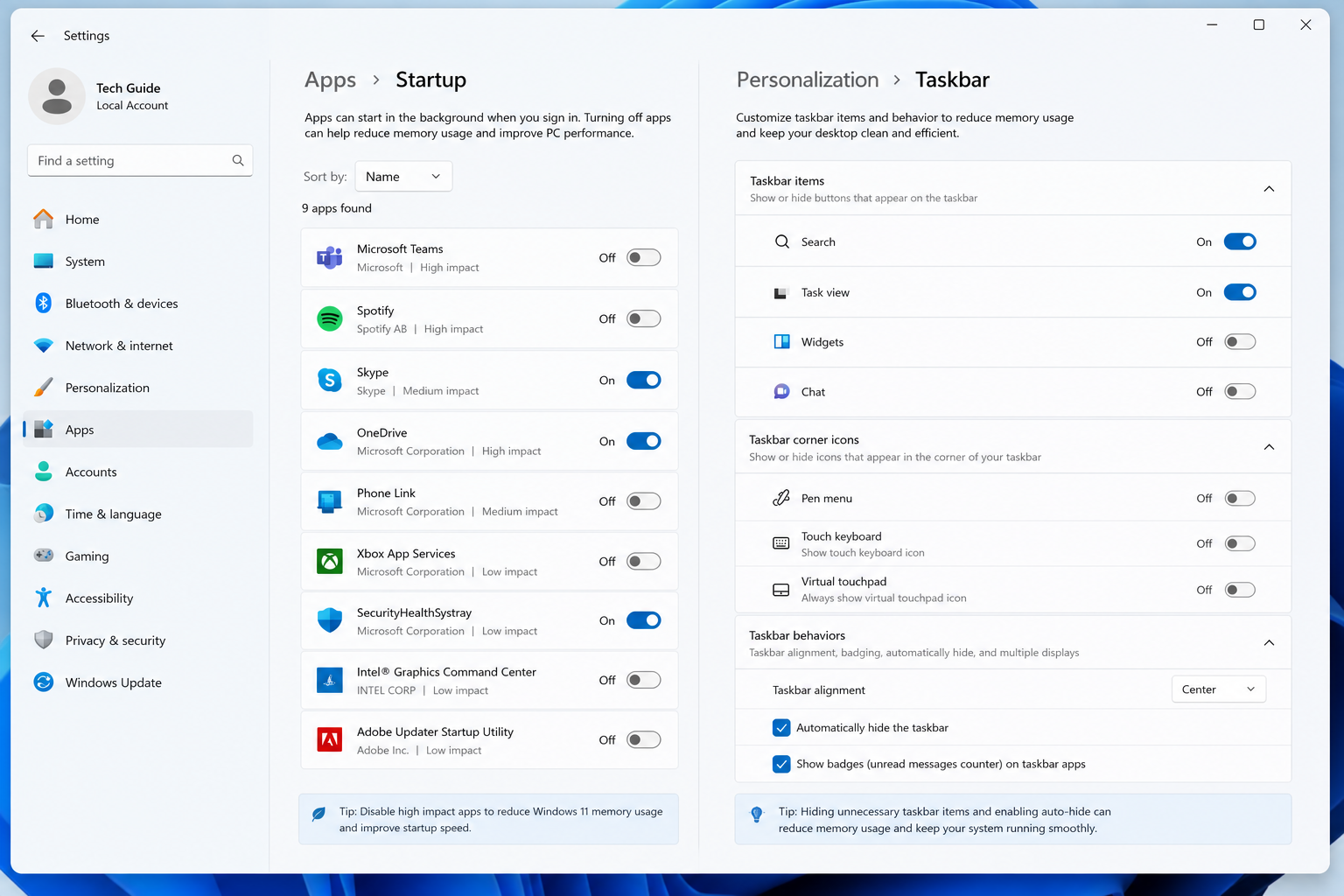 Windows 11 settings panels to reduce RAM bloat and memory usage