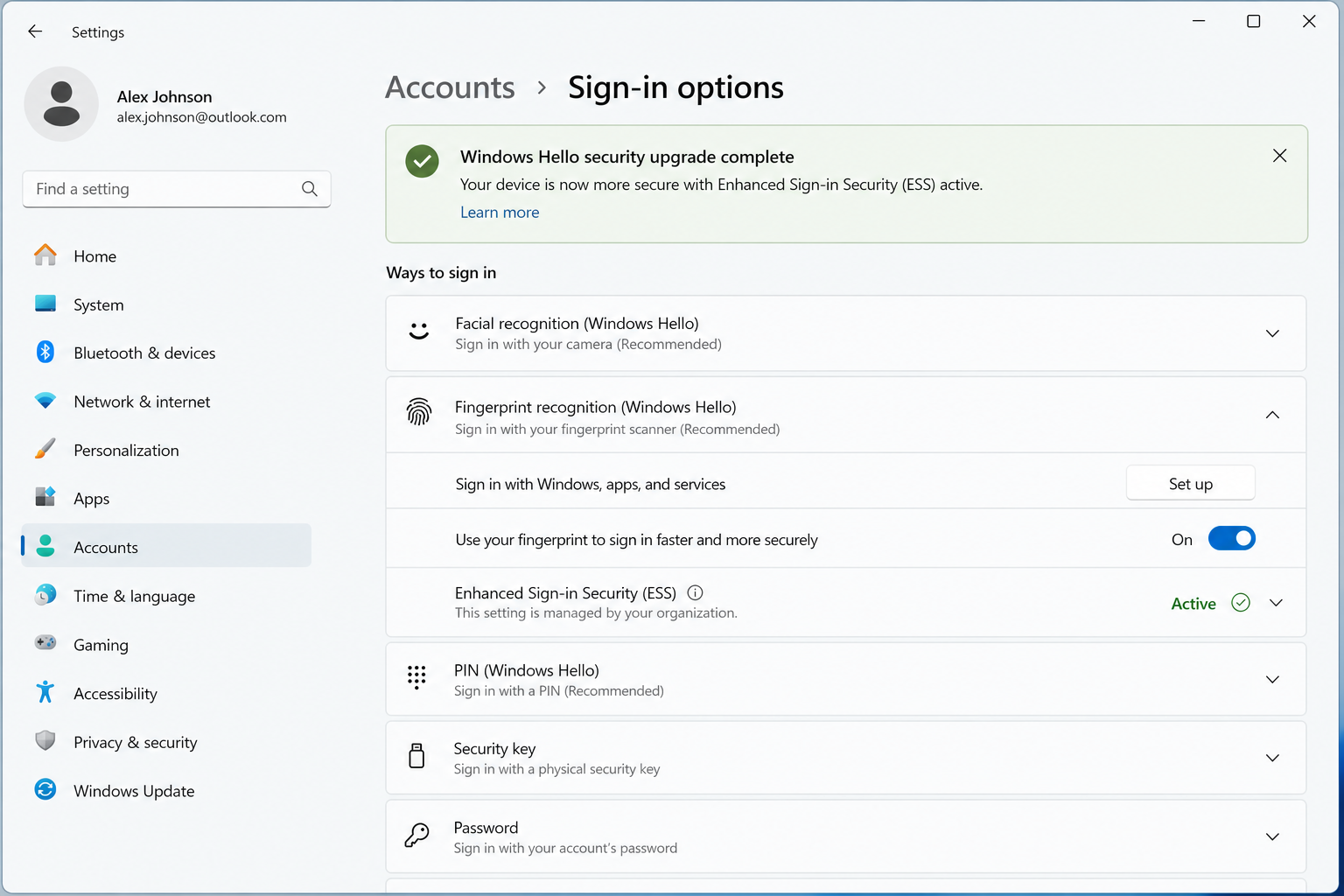 Windows Hello security upgrade ESS active confirmation in Windows 11 sign-in settings