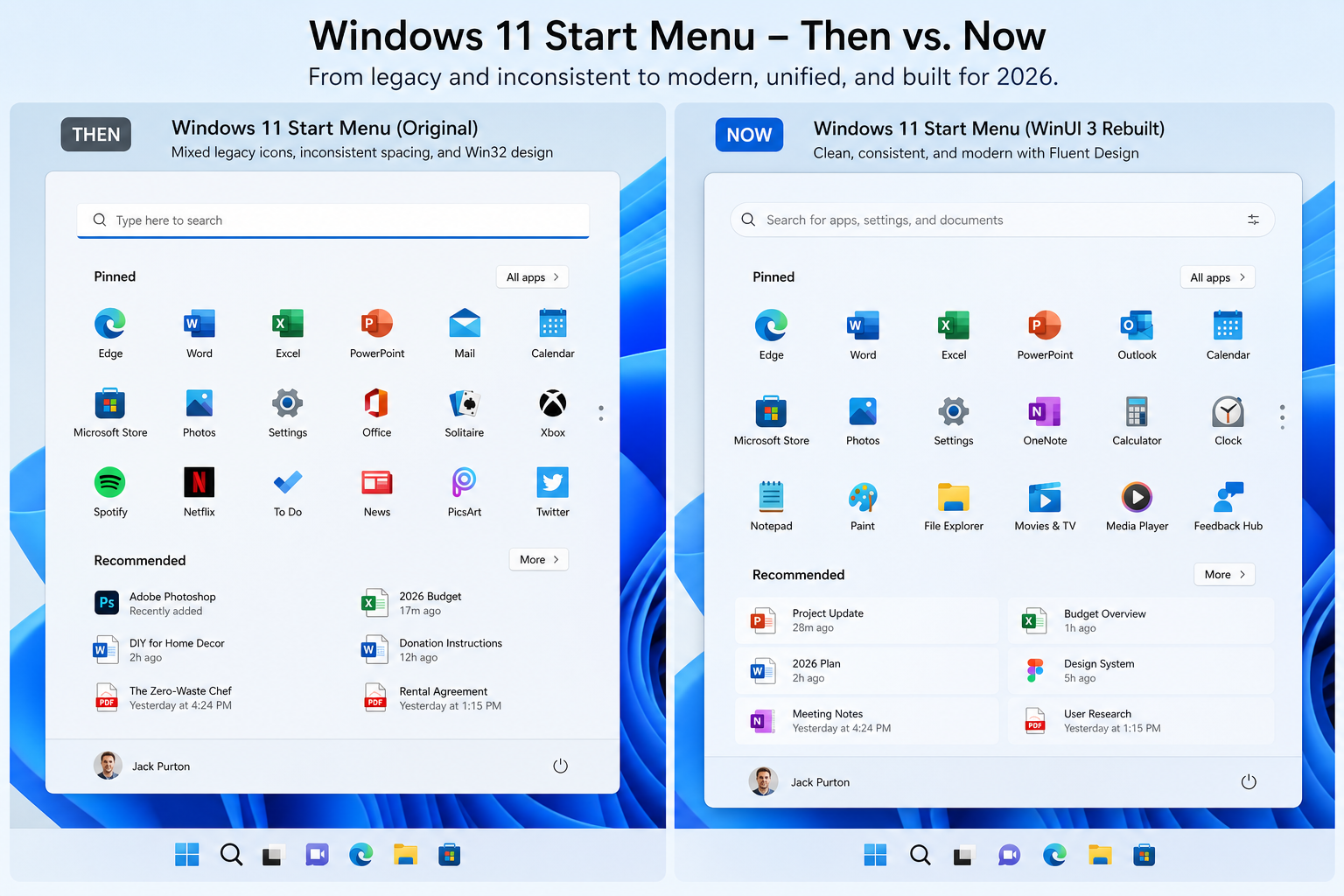 K2 Windows 11 rebuilt Start menu WinUI 3 before and after comparison